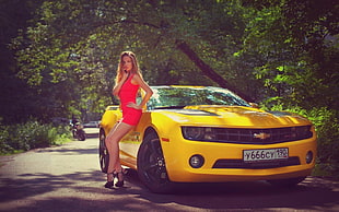 yellow Chevrolet convertible coupe, women, model, red dress, Chevrolet Camaro Bumblebee
