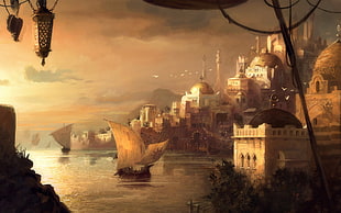 dragon boat near castle illustration