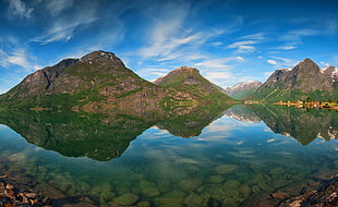 brown mountain, fjord, mountains, water, reflection