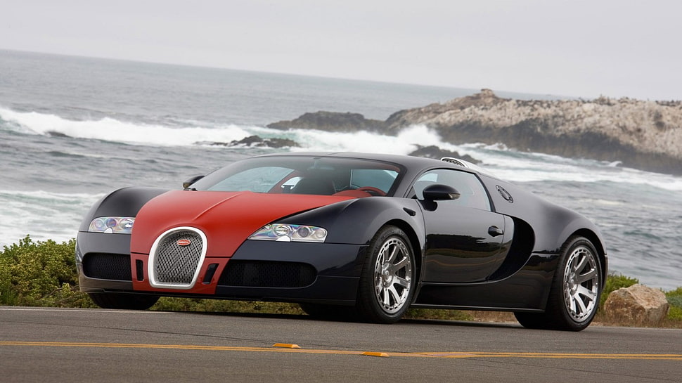 black and red Bugatti Veyron coupe, car, vehicle, sea HD wallpaper