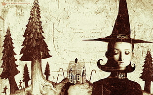 painting of girl in witch hat standing near house with pine trees