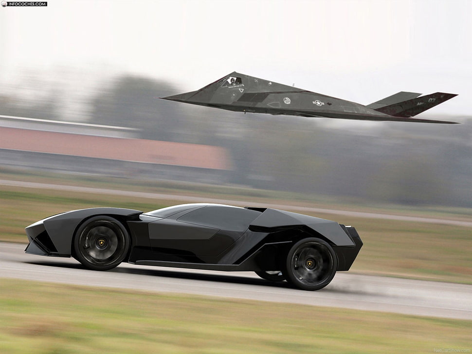 black coupe, car, Lamborghini, Nighthawk, Lockheed F-117 HD wallpaper