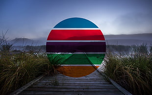 brown wooden dock, nature, circle, colorful, polyscape