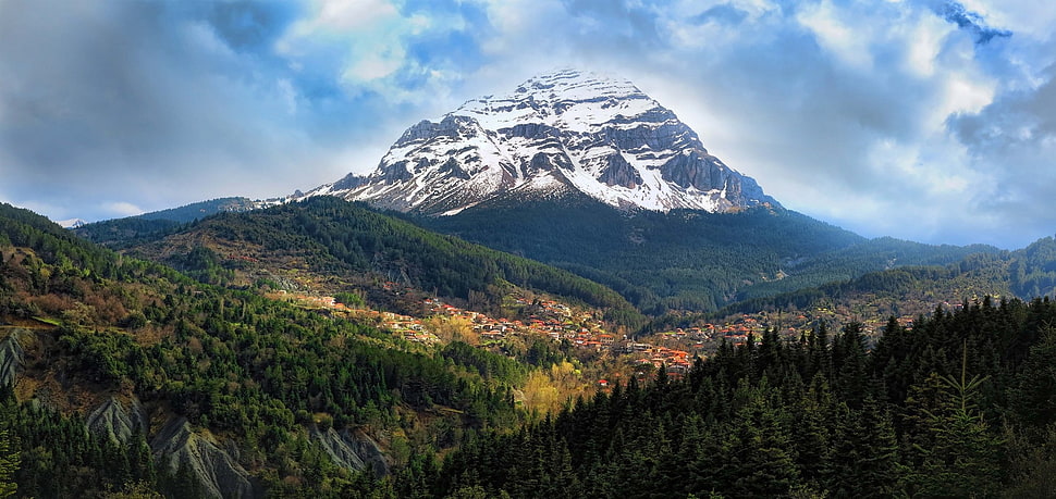 snow mountain and trees, mountains, forest, town, clouds HD wallpaper