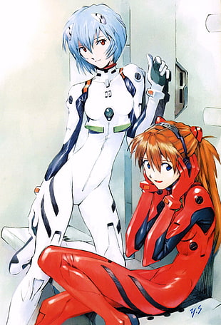 two anime characters, anime, Neon Genesis Evangelion, Asuka Langley Soryu, Ayanami Rei