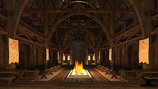 empty wooden building with bonfire at the center digital wallpaper, Dragonsreach, The Elder Scrolls V: Skyrim, render, interior