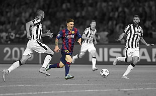 selective color of man wearing red and blue jersey shirt and shorts, sport , Leo Messi, FC Barcelona, Juventus