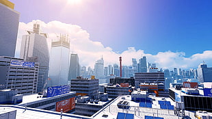 blue solar panel lot, Mirror's Edge, video games, city, CGI HD wallpaper
