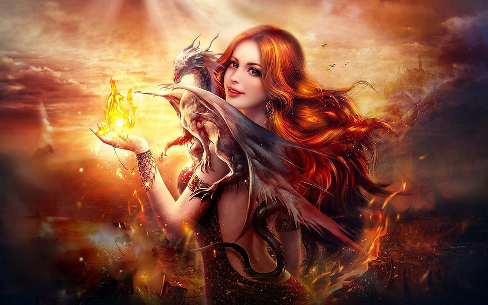 woman dragon slayer with dragon digital wallpaper HD wallpaper