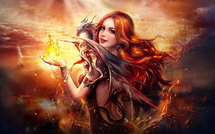 woman dragon slayer with dragon digital wallpaper
