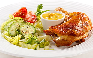 fried chicken with sliced vegetables and mustard dip HD wallpaper