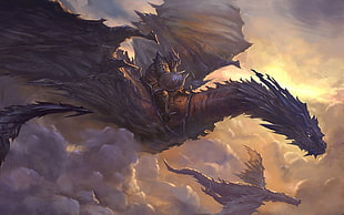 dragon knight riding above the clouds during golden hour