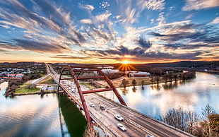 red metal bridge, cityscape, city, HDR, sunset HD wallpaper
