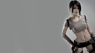 women's grey crop-top, Lara Croft, cosplay, women, belly