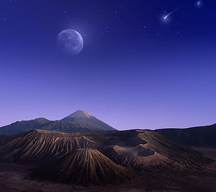 sand formation and moon illustration, Moon, mountains HD wallpaper