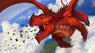 red dragon about to eat birds digital wallpaper, dragon, fantasy art HD wallpaper
