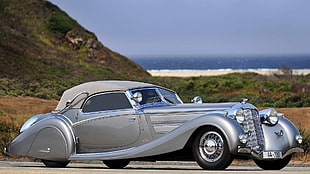 classic silver convertible coupe, car, Horch