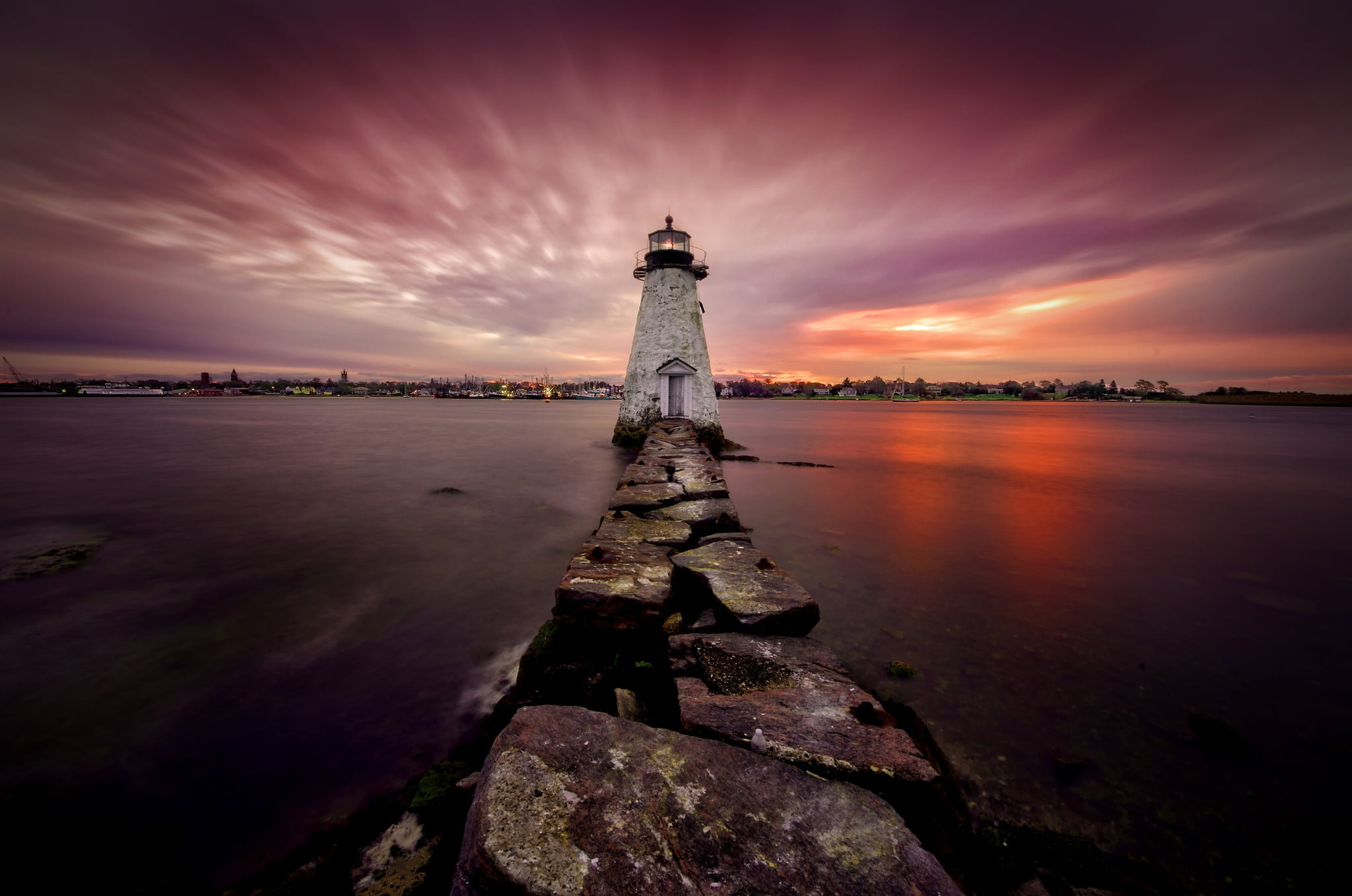 white lighthouse, Massachusetts, New Bedford, lighthouse, nature