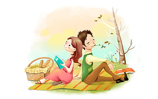 man and woman leaning each other on picnic mat
