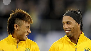 men's yellow zip-up jackets, footballers, soccer, Brasil, Ronaldinho