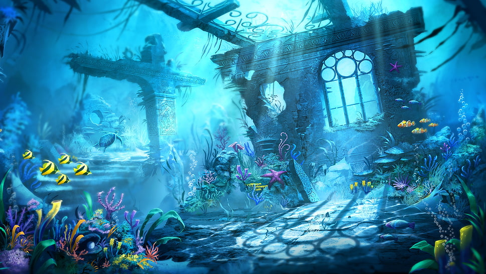 under the sea painting, fantasy art, ruins, underwater HD wallpaper