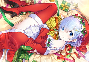 white haired female anime character illustration, Christmas, Rem (Re: Zero), Re:Zero Kara Hajimeru Isekai Seikatsu, blue hair