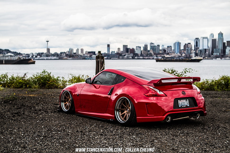 red Volkswagen Beetle coupe photo, Nissan, Nissan 350Z, Stance, Stanceworks HD wallpaper