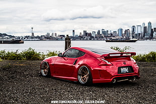 red Volkswagen Beetle coupe photo, Nissan, Nissan 350Z, Stance, Stanceworks HD wallpaper