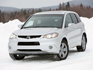 silver Acura SUV on snow track