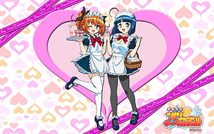curly brown and short blue straight hair female anime characters in maid uniform illustration