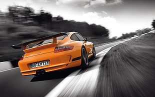 orange Porsche sportscar, vehicle, car, Porsche, motion blur