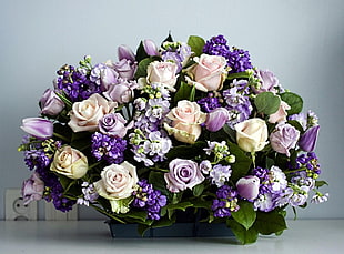 white and purple flower bouquet