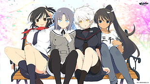 four female anime characters sitting on bench