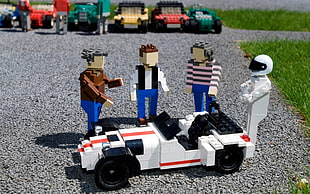 four LEGO mini figures and go-kart toys, Top Gear, LEGO, The Stig, Caterham