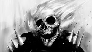 white and black skeleton painting, skull, monochrome, artwork