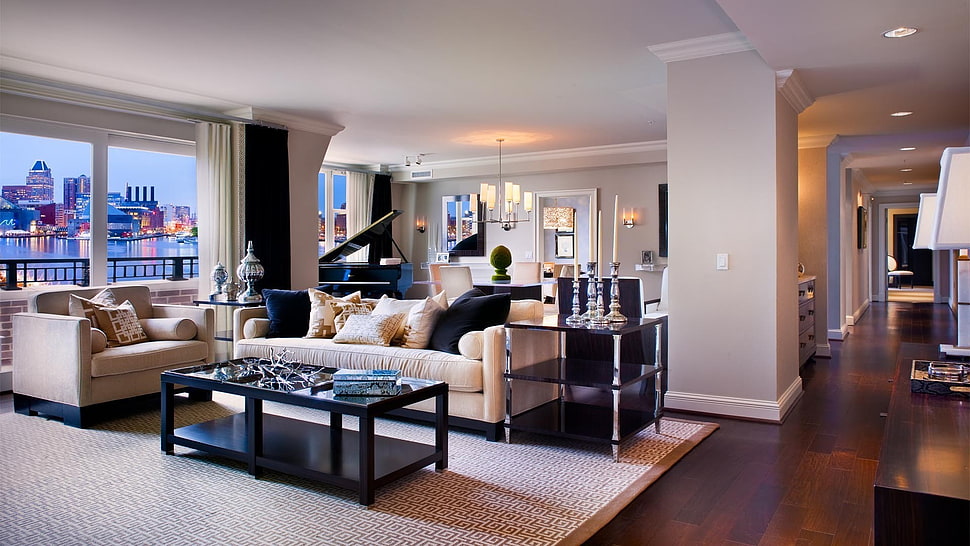 rectangular black wooden coffee table, interior design HD wallpaper