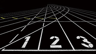 black and white tracking field, race tracks, running, minimalism HD wallpaper