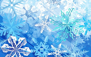 blue and white floral textile, snow flakes, artwork