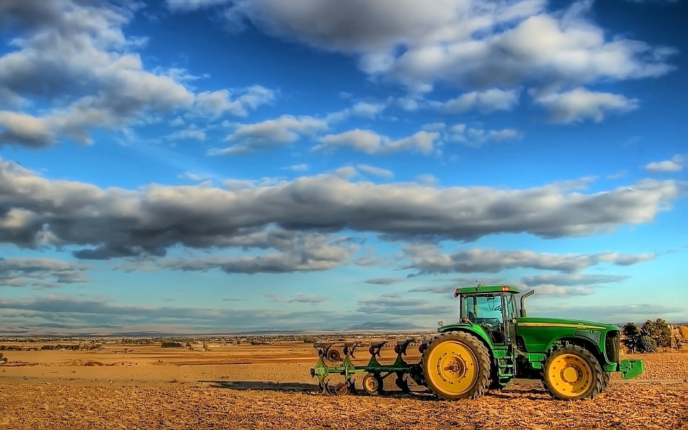 green and yellow John Deere tractor HD wallpaper