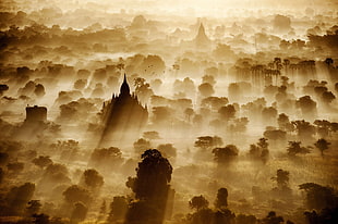 temple surrounded by trees digital wallpaper, sun rays, Bagan, temple, artwork HD wallpaper