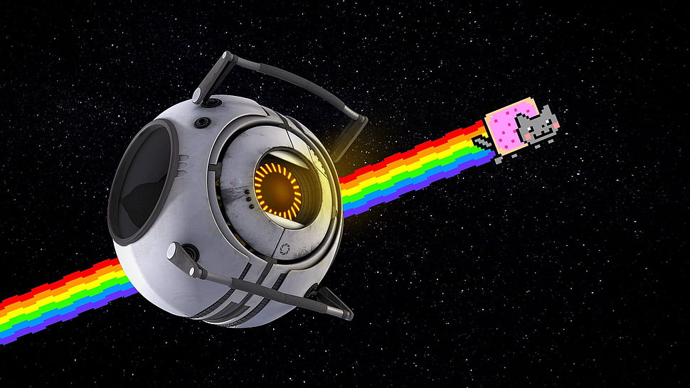 round gray spacecraft, Nyan Cat, Portal (game), space, video games HD wallpaper
