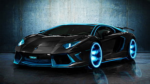 black sports car, Lamborghini, car, Lamborghini Aventador, blue