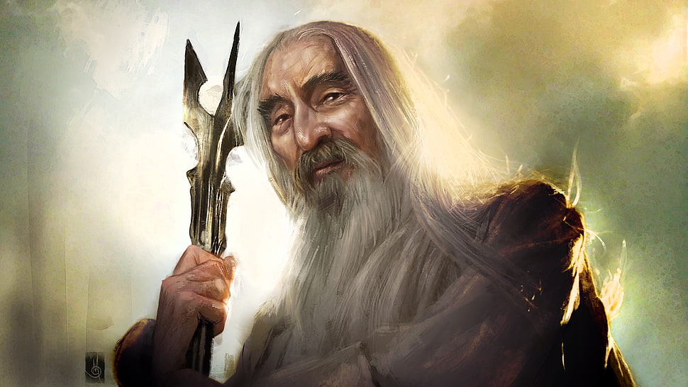man holding gray weapon illustration, Saruman, The Lord of the Rings, wizard, beards HD wallpaper