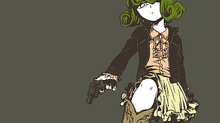 female with green hair cartoon character wallpaper, One-Punch Man, Tatsumaki, gun