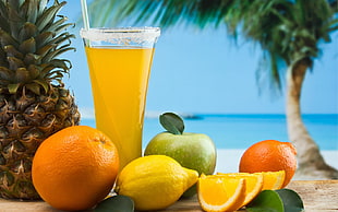 fruit juice surrounded by fruits, cocktails, pineapples, fruit, drinking glass
