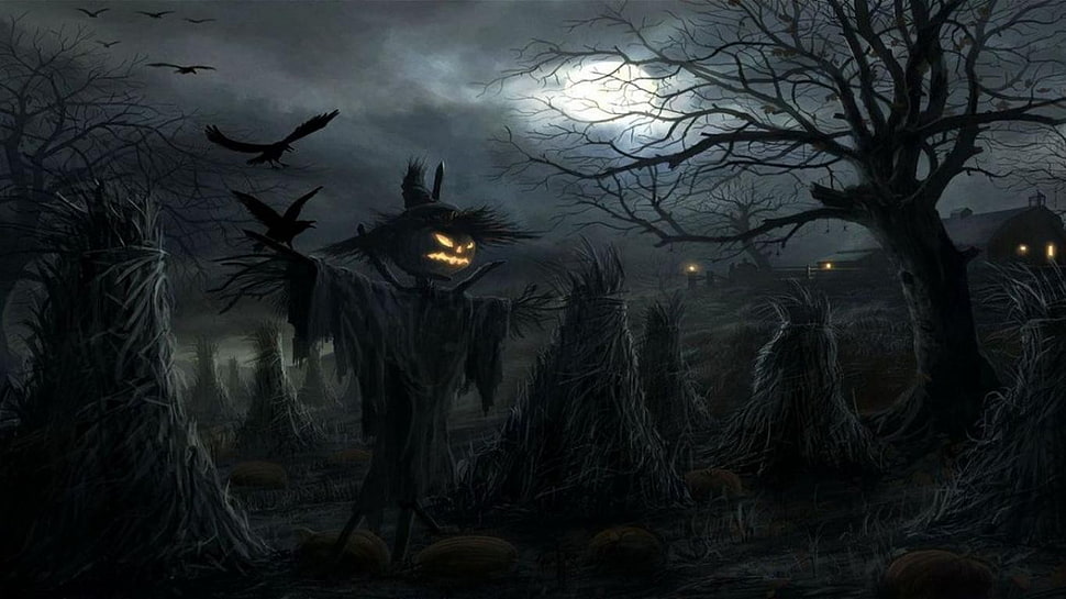 scary scarecrow surrounded with bare trees under moon halloween artwork, Halloween, artwork HD wallpaper