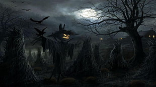 scary scarecrow surrounded with bare trees under moon halloween artwork, Halloween, artwork