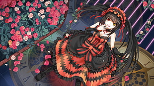 female anime in red and black dress HD wallpaper