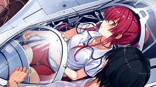 illustration of a red haired anime character on a plane
