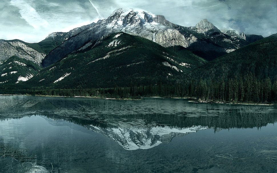 alps surrounded by trees, mountains, forest, reflection, Canada HD wallpaper